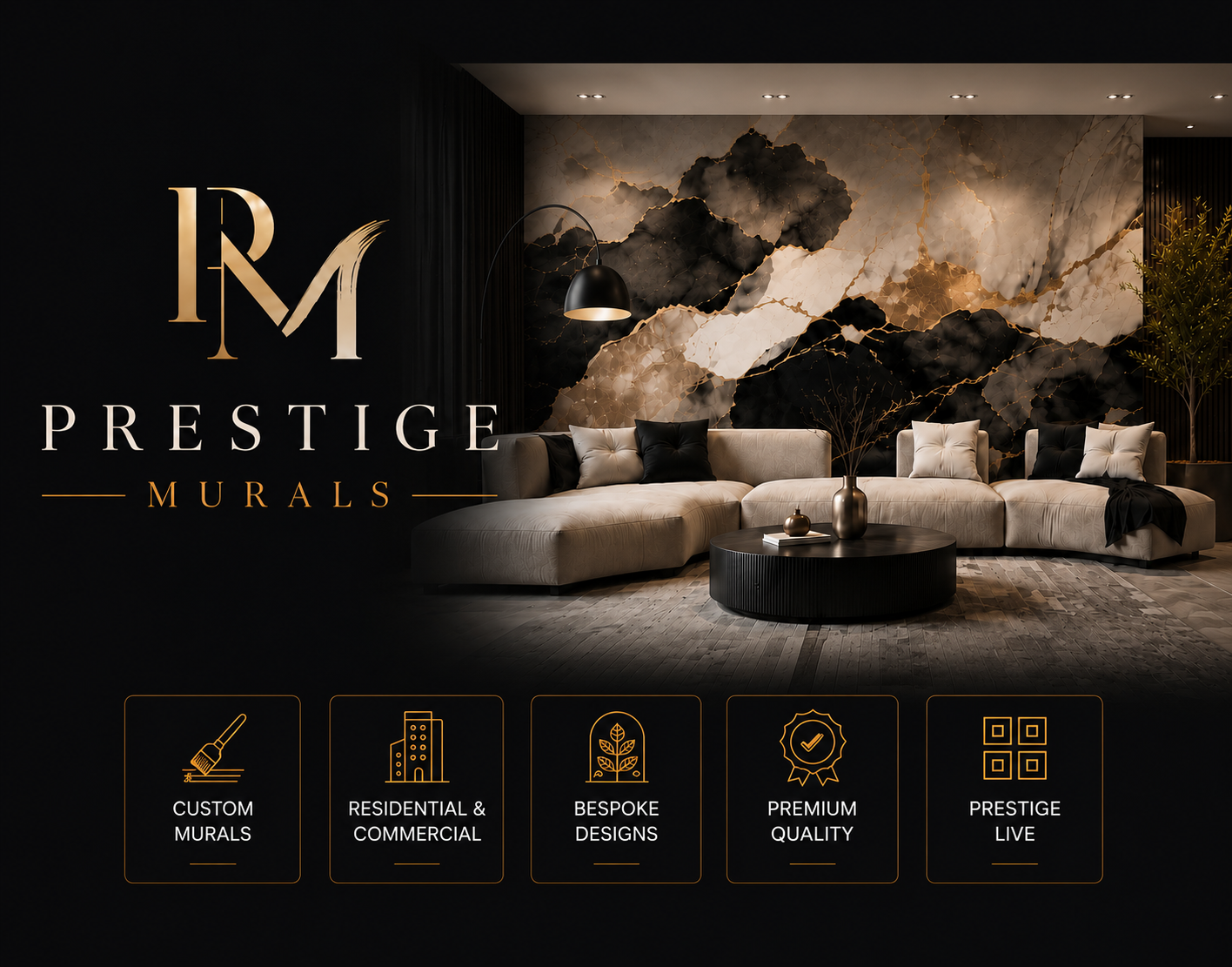 Prestige Murals — Brand identity board showing the RM monogram, services, and printed mural portfolio on wood, brick, glass, masonry, and wall & floor surfaces.